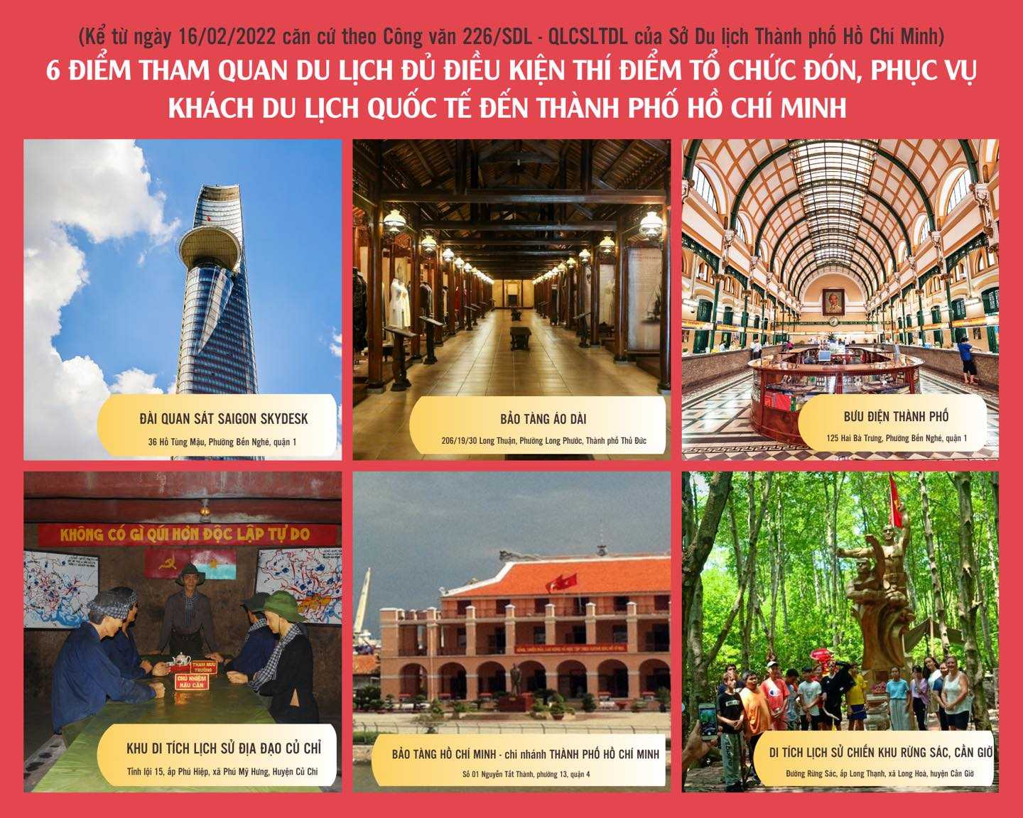 Six sites eligible for a pilot program to welcome international tourists to Ho Chi Minh City from 16/02/2022